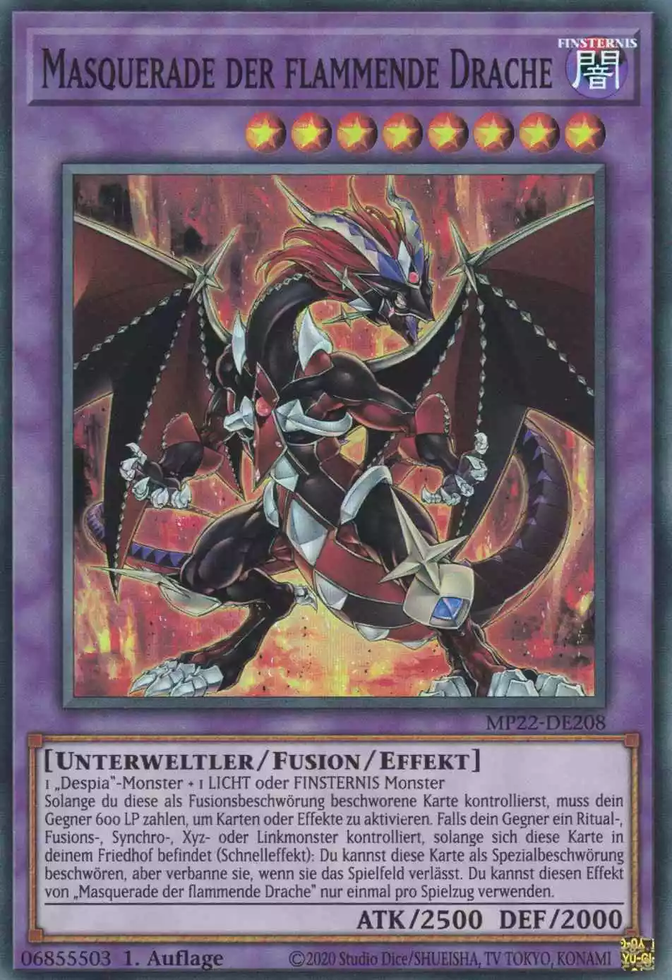 Masquerade der flammende Drache MP22-DE208 ist in Super Rare Yu-Gi-Oh Karte aus Tin of the Pharaoh’s Gods 1.Auflage