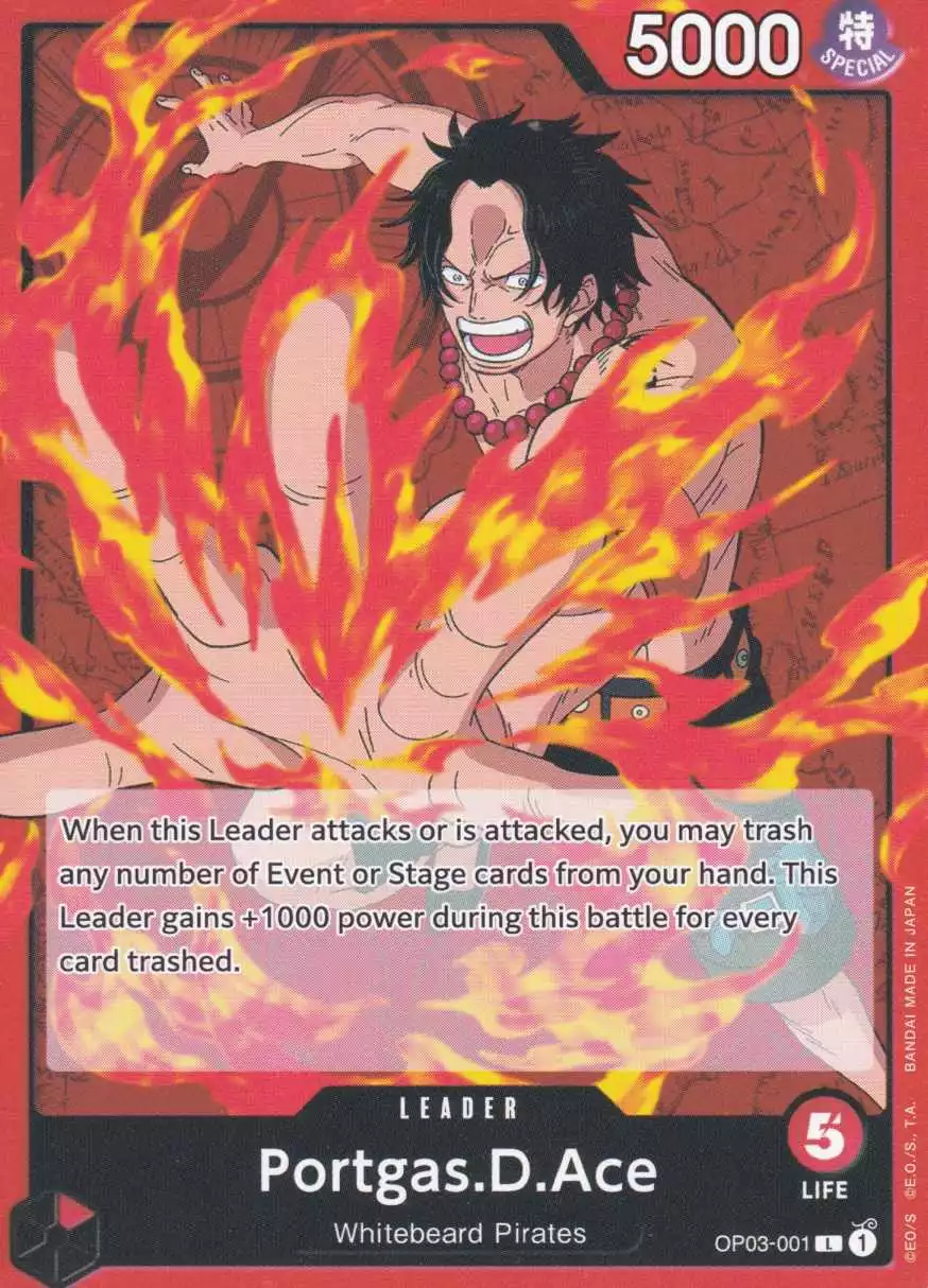op03-001-portgas-d-ace-leader-pillars-of-strength-op-03 Portgas.D.Ace OP03-001 ist in Leader. Die One Piece Karte ist aus Pillars of Strength OP-03 in Normal Art.