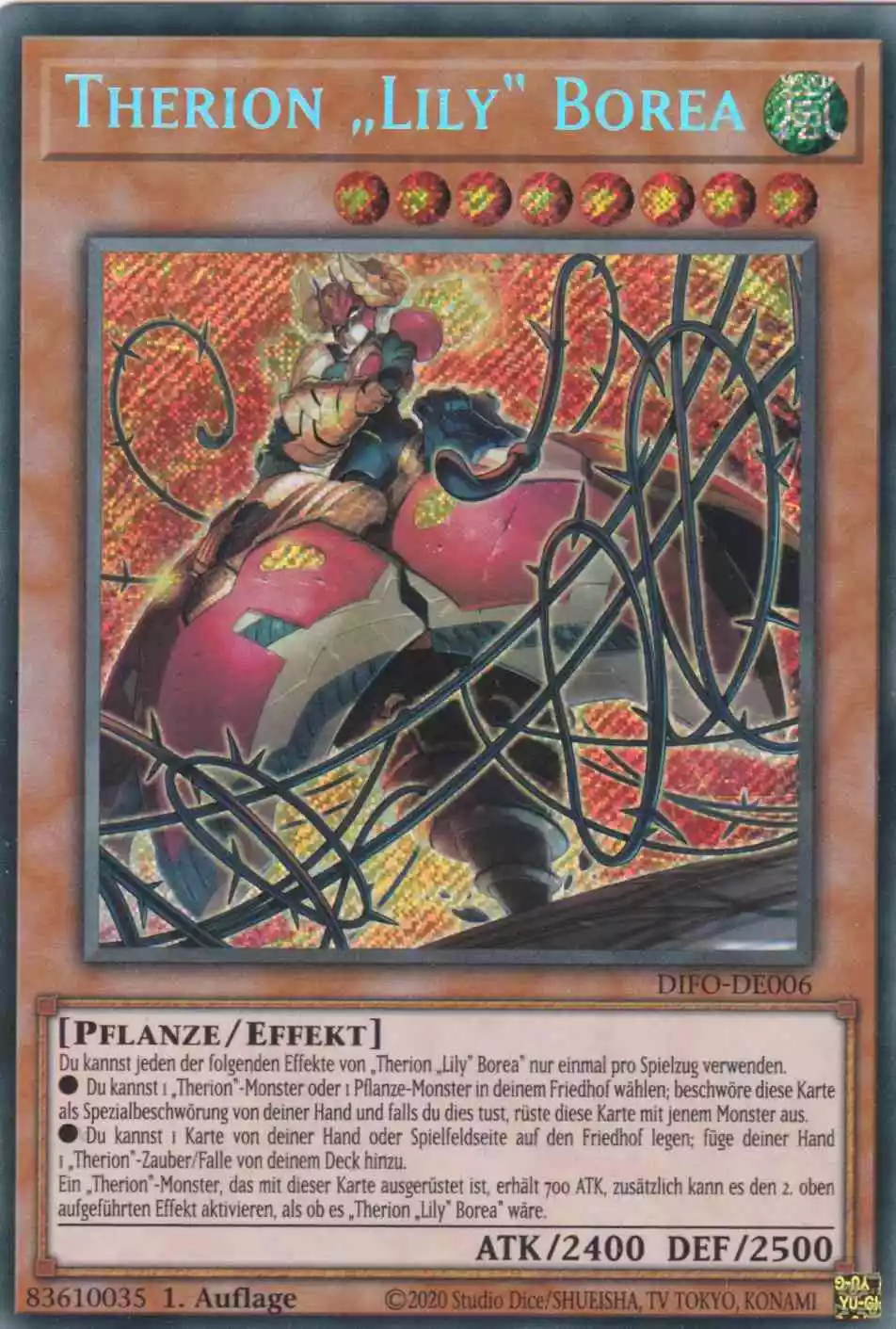 Therion „Lily“ Borea DIFO-DE006 ist in Secret Rare Yu-Gi-Oh Karte aus Dimension Force 1.Auflage