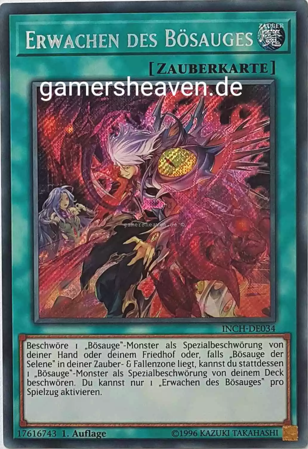 Erwachen des Bösauges INCH-DE034 ist in Secret Rare Yu-Gi-Oh Karte aus The Infinity Chasers 1.Auflage