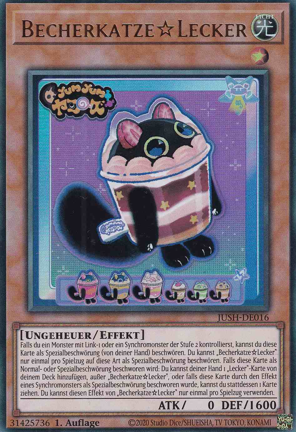 Becherkatze☆Lecker JUSH-DE016 ist in Ultra Rare Yu-Gi-Oh Karte aus Justice Hunters 1.Auflage