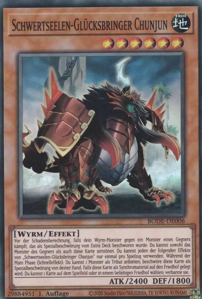Schwertseelen-Glücksbringer Chunjun BODE-DE006 ist in Super Rare Yu-Gi-Oh Karte aus Burst of Destiny 1.Auflage
