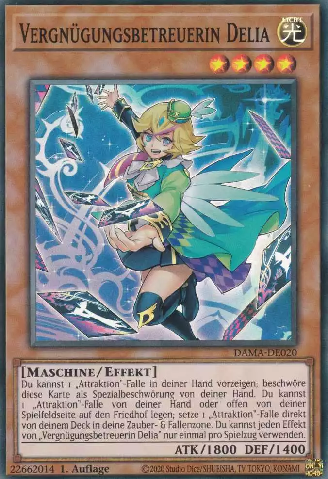 Vergnügungsbetreuerin Delia DAMA-DE020 ist in Super Rare Yu-Gi-Oh Karte aus Dawn of Majesty 1.Auflage