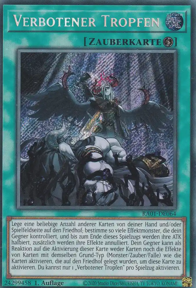 ra01-de064-scr-verbotener-tropfen-secret-rare-25th-anniversary-rarity-collection Verbotener Tropfen RA01-DE064 ist in Secret Rare Yu-Gi-Oh Karte aus 25th Anniversary Rarity Collection 1.Auflage