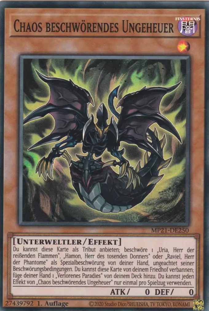 Chaos beschwörendes Ungeheuer MP21-DE250 ist in Super Rare Yu-Gi-Oh Karte aus Tin of Ancient Battles 1.Auflage