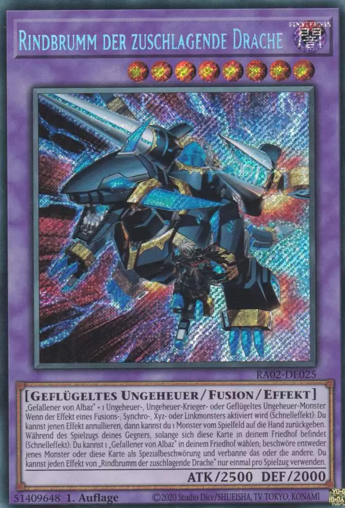 Rindbrumm der zuschlagende Drache RA02-DE025 ist in Secret Rare Yu-Gi-Oh Karte aus 25th Anniversary Rarity Collection 2 1.Auflage