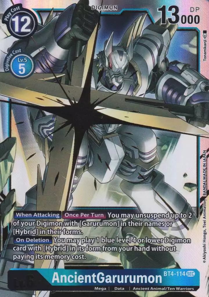 bt4-114-ancientgarurumon-secret-rare-holo-great-legend-bt04 AncientGarurumon BT4-114 ist in Secret Rare Holo. Die Digimon Karte ist aus Great Legend BT04