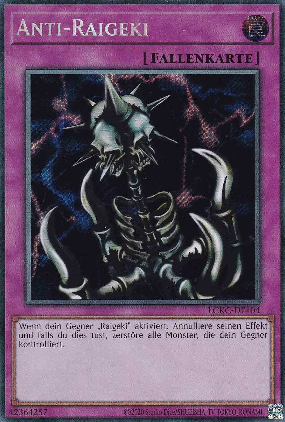Anti-Raigeki Secret Rare LCKC-DE104 Yugioh Karte Anti-Raigeki LCKC-DE104 ist in Secret Rare Yu-Gi-Oh Karte aus Legendary Collection Kaiba unlimitiert