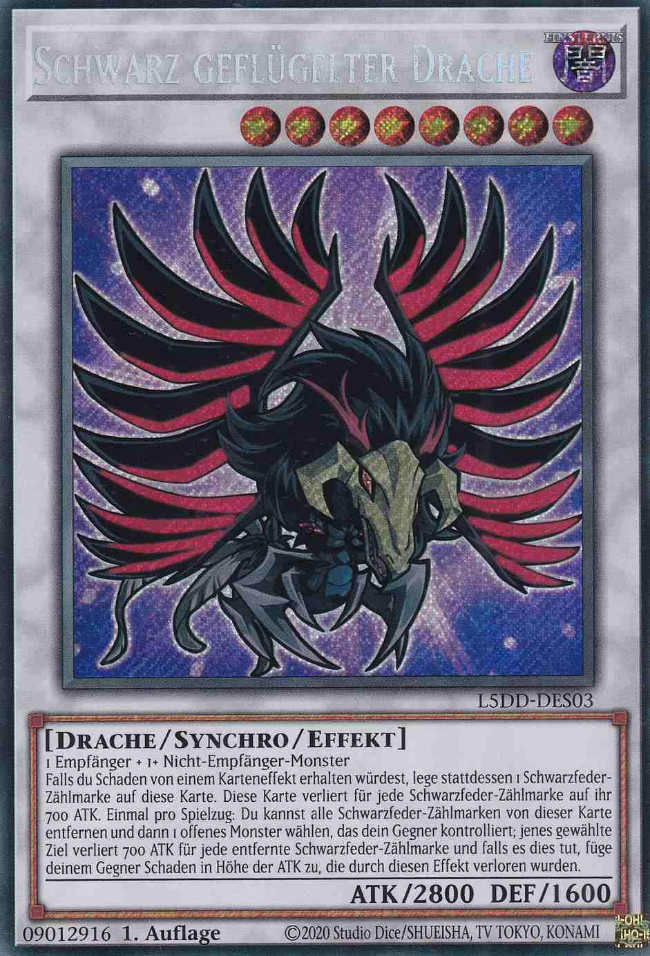 Schwarz geflügelter Drache Secret Rare L5DD-DES03 Yugioh Karte Schwarz geflügelter Drache L5DD-DES03 ist in Secret Rare Yu-Gi-Oh Karte aus Legendary 5D’s Decks 1.Auflage