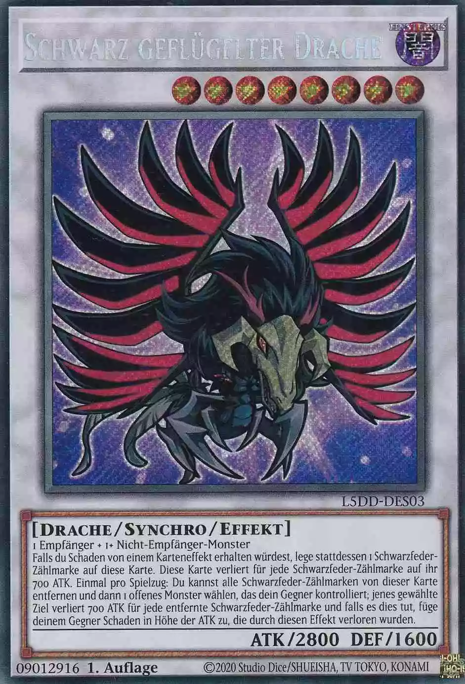 Schwarz geflügelter Drache L5DD-DES03 ist in Secret Rare Yu-Gi-Oh Karte aus Legendary 5D’s Decks 1.Auflage