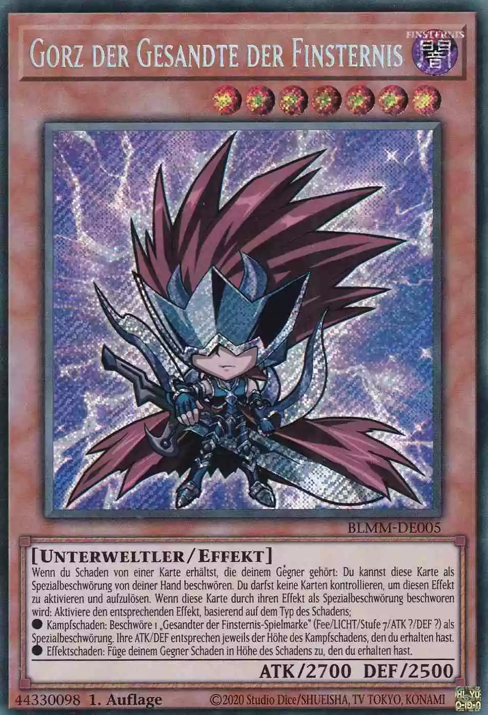 Gorz der Gesandte der Finsternis Secret Rare BLMM-DE005 Yugioh Karte Gorz der Gesandte der Finsternis BLMM-DE005 ist in Secret Rare Yu-Gi-Oh Karte aus Battles of Legend Monster Mayhem 1.Auflage