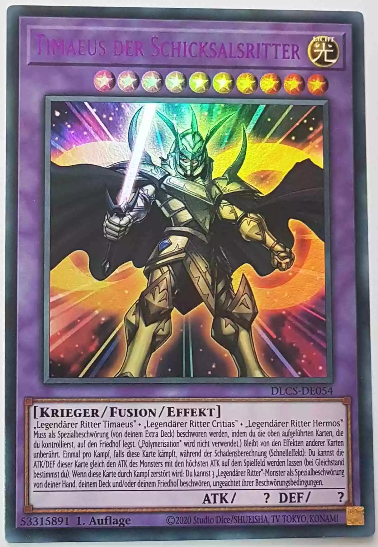 Timaeus der Schicksalsritter (lila) DLCS-DE054-L ist in Colorful Ultra Rare Yu-Gi-Oh Karte aus Dragons of Legend The Complete Series 1.Auflage