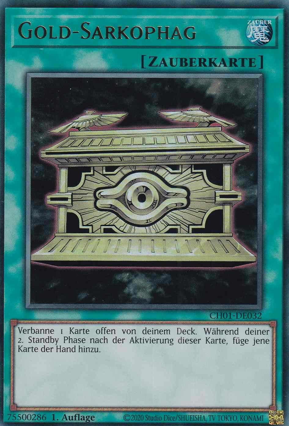 Gold-Sarkophag Ultra Rare CH01-DE032 Yugioh Karte Gold-Sarkophag CH01-DE032 ist in Ultra Rare Yu-Gi-Oh Karte aus THE CHRONICLES DECK: The Fallen & The Virtuous 1.Auflage