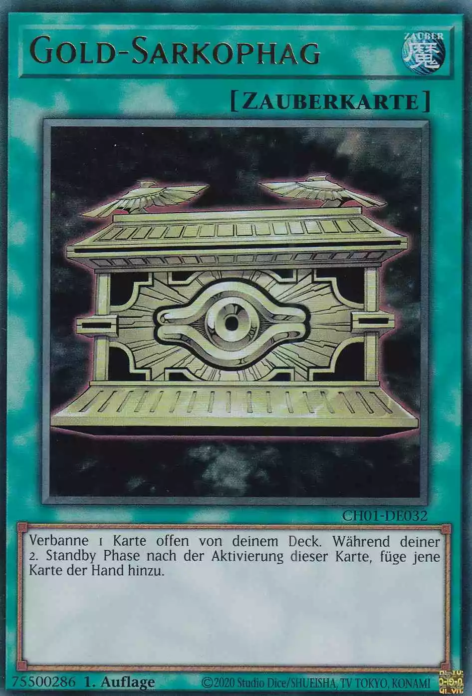 Gold-Sarkophag CH01-DE032 ist in Ultra Rare Yu-Gi-Oh Karte aus THE CHRONICLES DECK: The Fallen & The Virtuous 1.Auflage