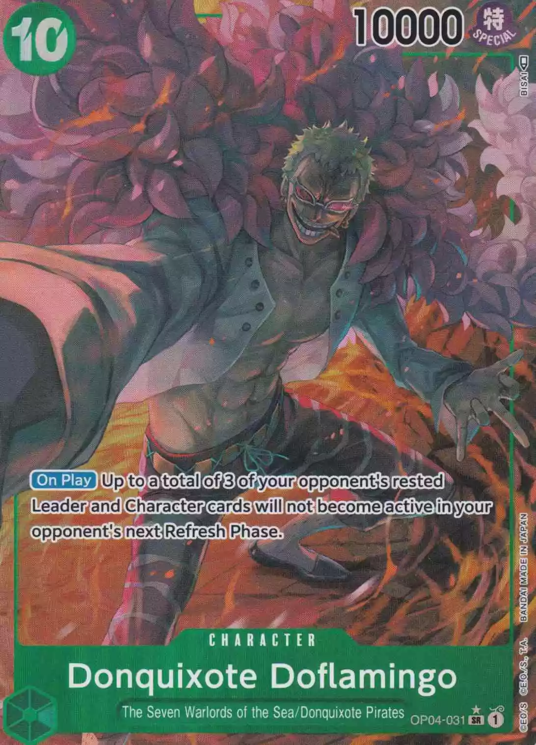 Donquixote Doflamingo OP04-031 ist in Super Rare. Die One Piece Karte ist aus Kingdoms Of Intrigue in Parallel Alternative Art.