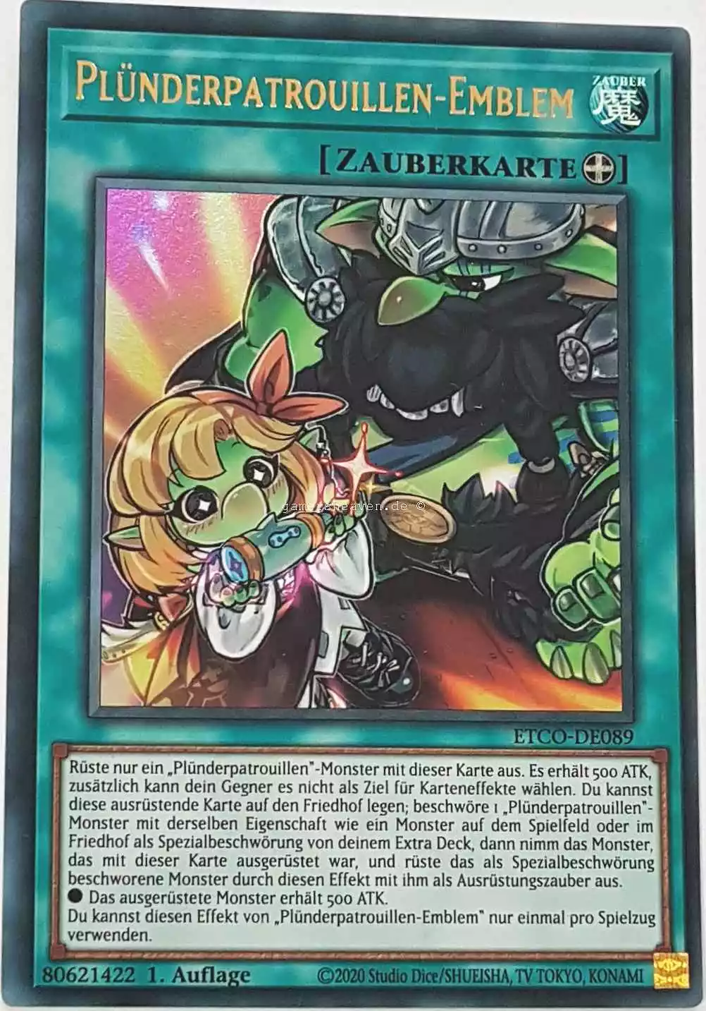 Plünderpatrouillen-Emblem ETCO-DE089 ist in Ultra Rare Yu-Gi-Oh Karte aus Eternity Code 1.Auflage