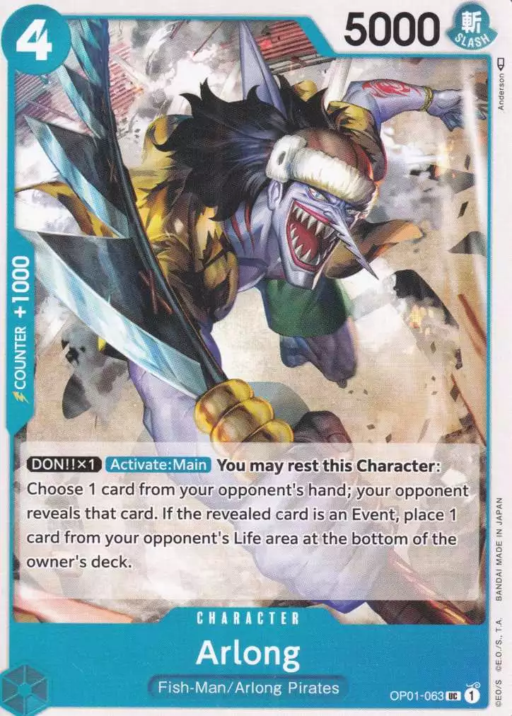 op01-063-arlong-uncommon-romance-dawn Arlong OP01-063 ist in Uncommon. Die One Piece Karte ist aus Romance Dawn in Normal Art.