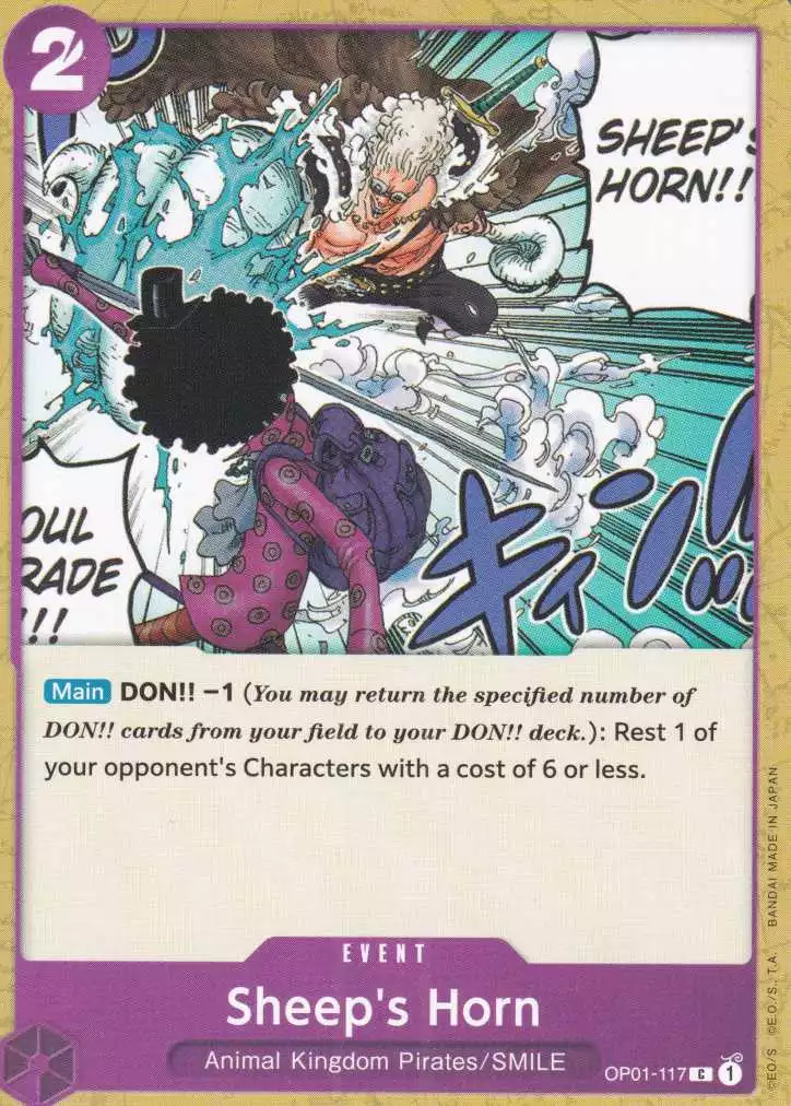 op01-117-sheep-s-horn-common-romance-dawn Sheep's Horn OP01-117 ist in Common. Die One Piece Karte ist aus Romance Dawn in Normal Art.