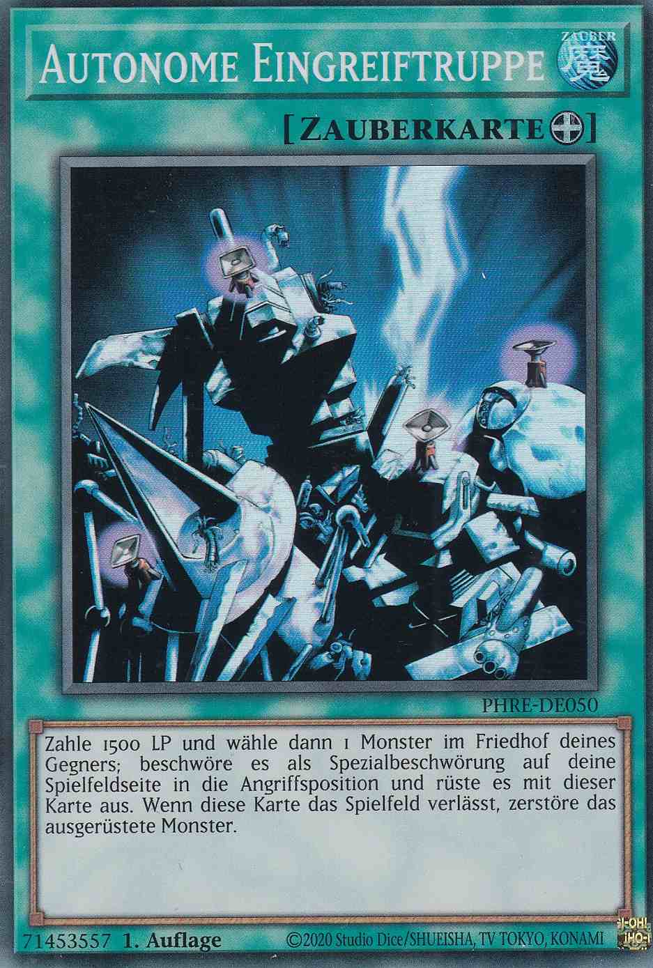 Autonome Eingreiftruppe Super Rare PHRE-DE050-S Yugioh Karte Autonome Eingreiftruppe PHRE-DE050-S ist in Super Rare Yu-Gi-Oh Karte aus Phantom Revenge 1.Auflage