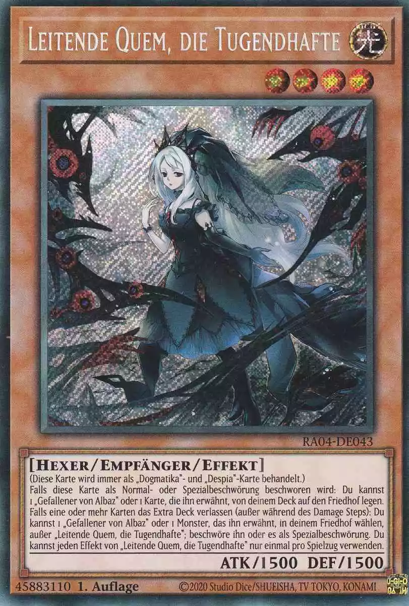 Leitende Quem, die Tugendhafte RA04-DE043 ist in Secret Rare Yu-Gi-Oh Karte aus Quarter Century Stampede 1.Auflage