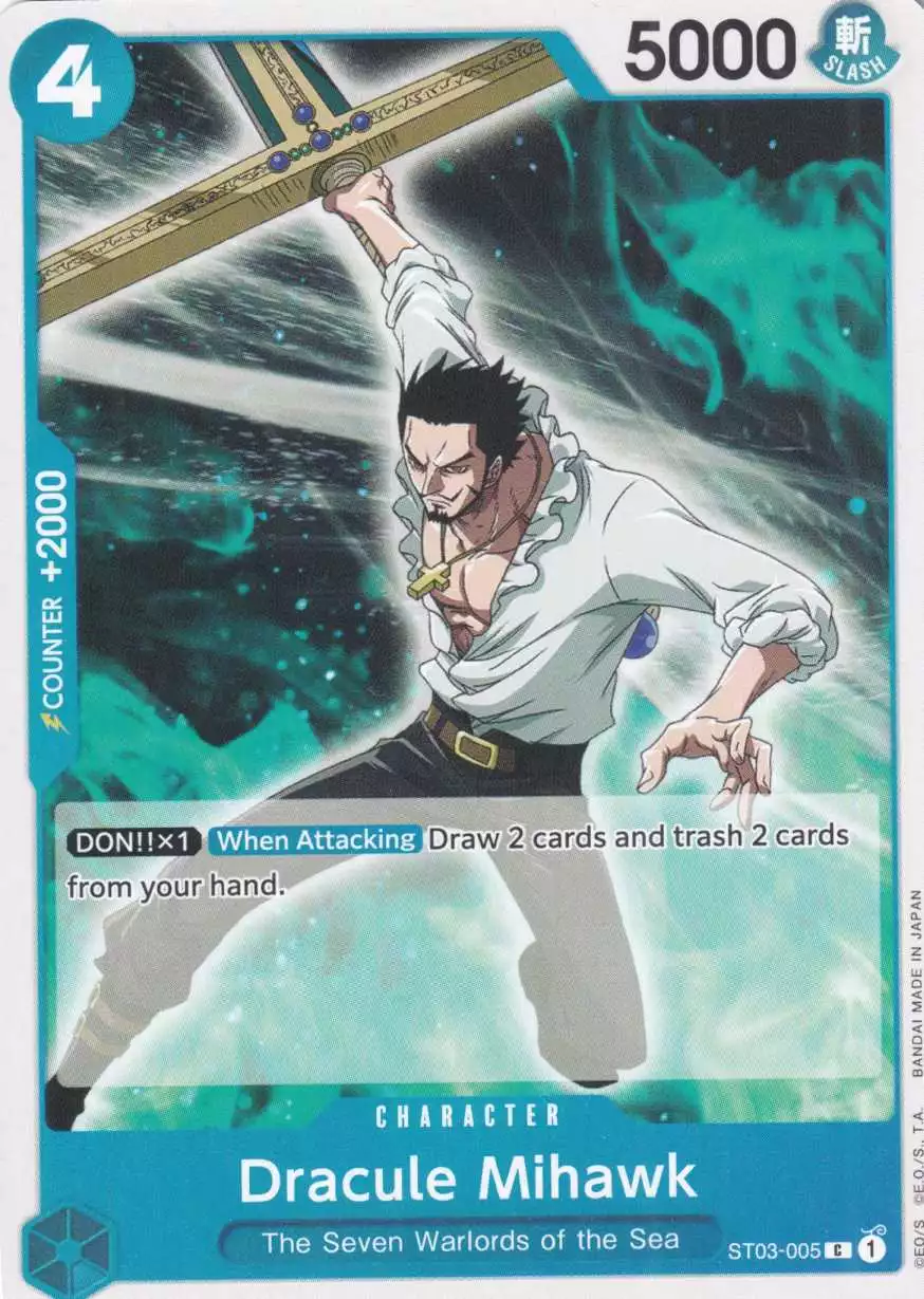 Dracule Mihawk ST03-005 ist in Common. Die One Piece Karte ist aus The Seven Warlords of the Sea ST03 in Normal Art.