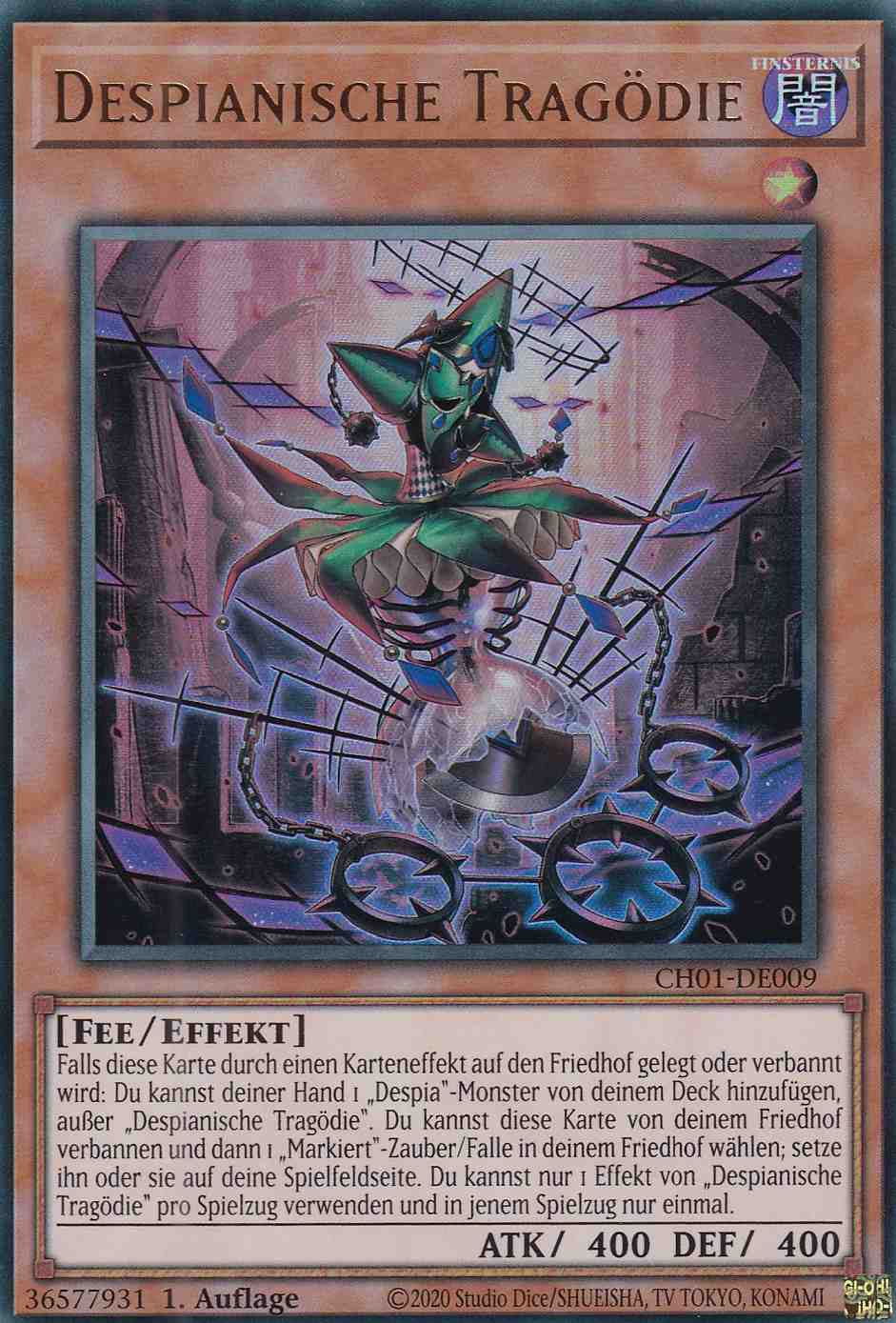 Despianische Tragödie Ultra Rare CH01-DE009 Yugioh Karte Despianische Tragödie CH01-DE009 ist in Ultra Rare Yu-Gi-Oh Karte aus THE CHRONICLES DECK: The Fallen & The Virtuous 1.Auflage
