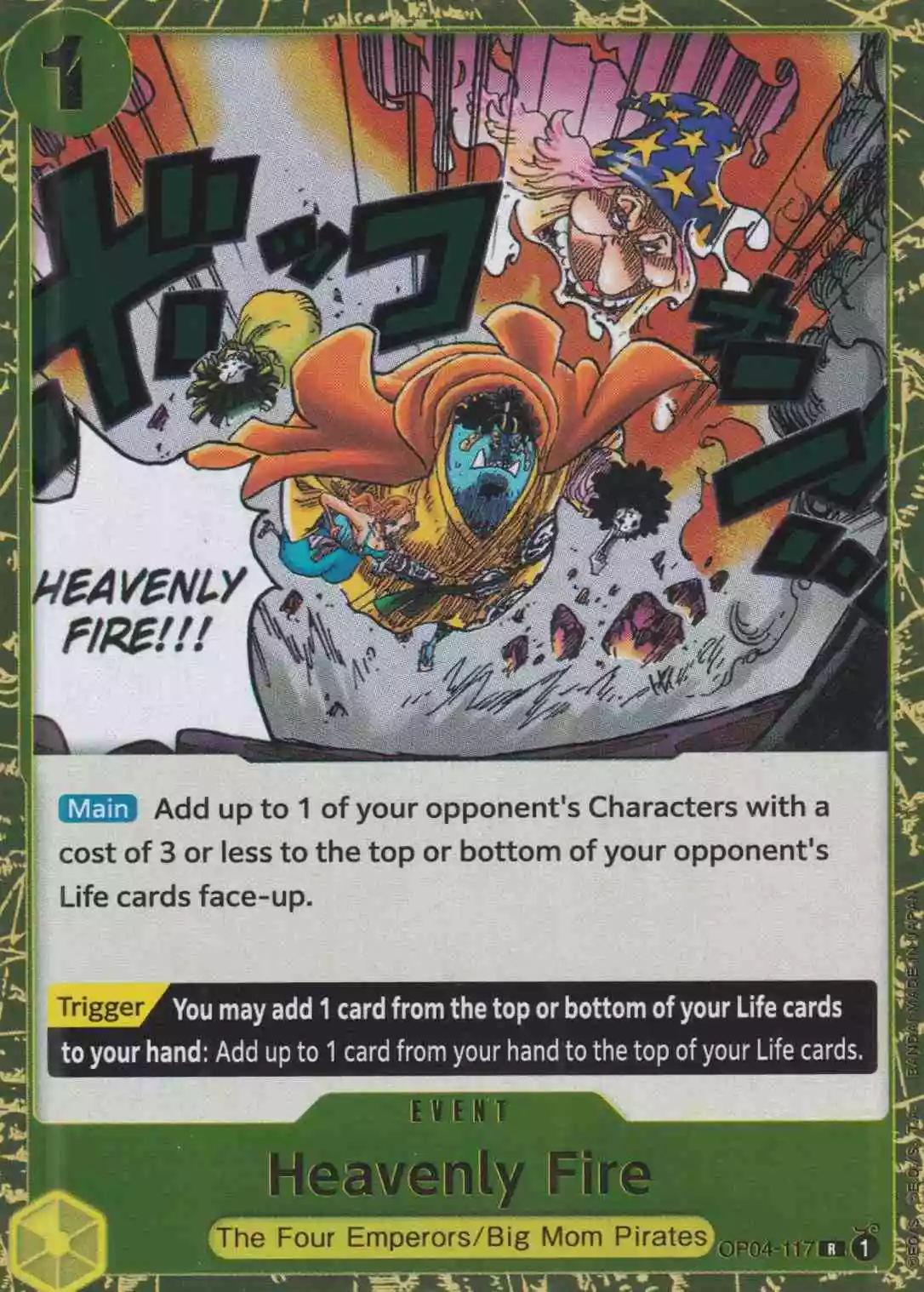 Heavenly Fire OP04-117 ist in Rare. Die One Piece Karte ist aus Kingdoms Of Intrigue in Normal Art.