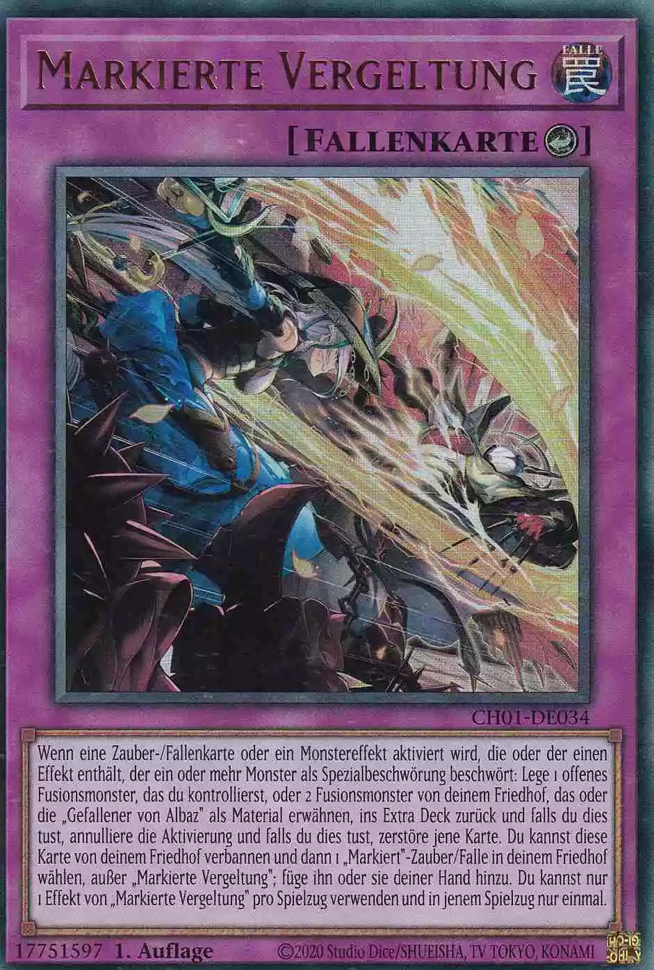Markierte Vergeltung Ultra Rare CH01-DE034 Yugioh Karte Markierte Vergeltung CH01-DE034 ist in Ultra Rare Yu-Gi-Oh Karte aus THE CHRONICLES DECK: The Fallen & The Virtuous 1.Auflage