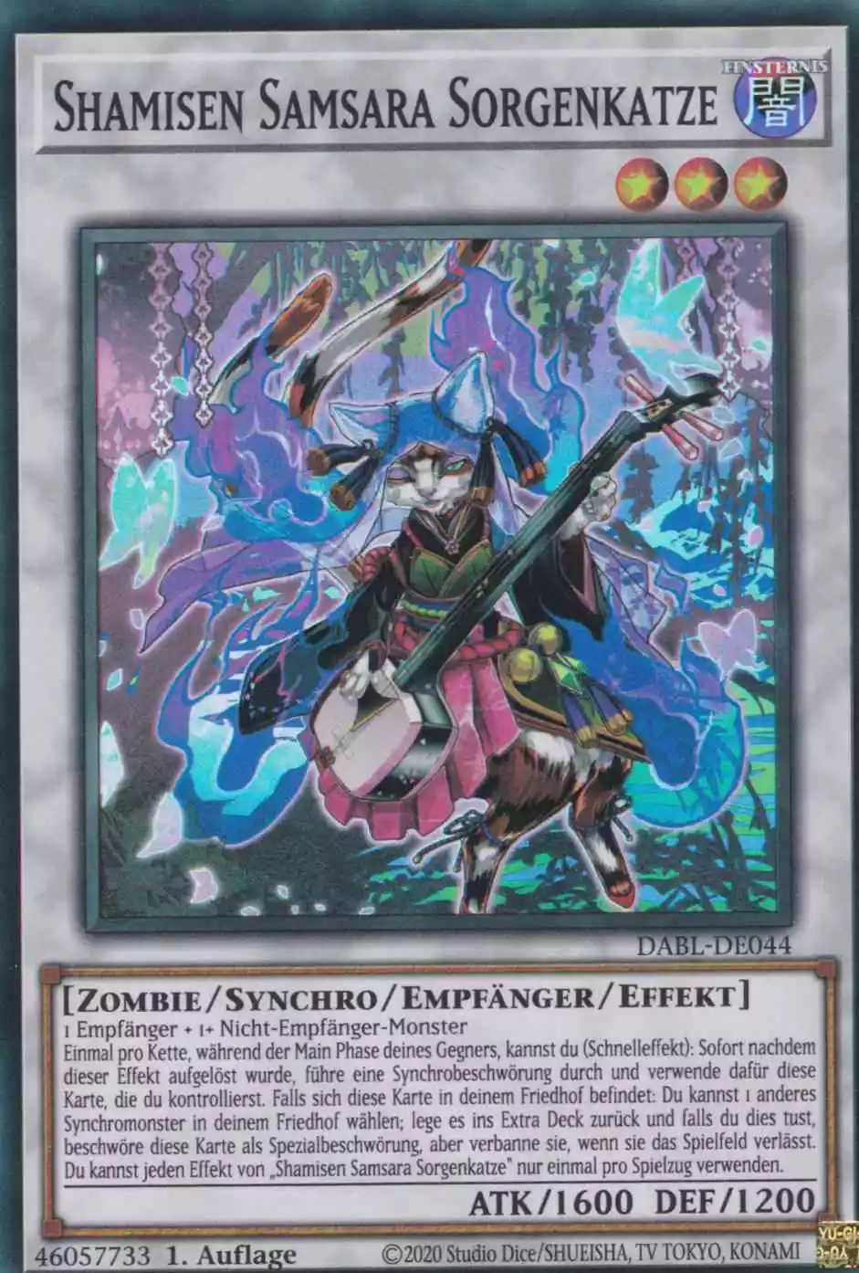 Shamisen Samsara Sorgenkatze DABL-DE044 ist in Super Rare Yu-Gi-Oh Karte aus Darkwing Blast 1.Auflage