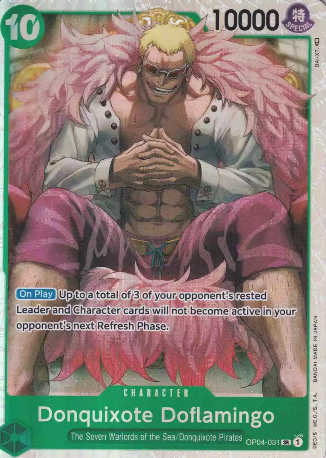 Donquixote Doflamingo OP04-031 ist in Super Rare. Die One Piece Karte ist aus Kingdoms Of Intrigue in Normal Art.