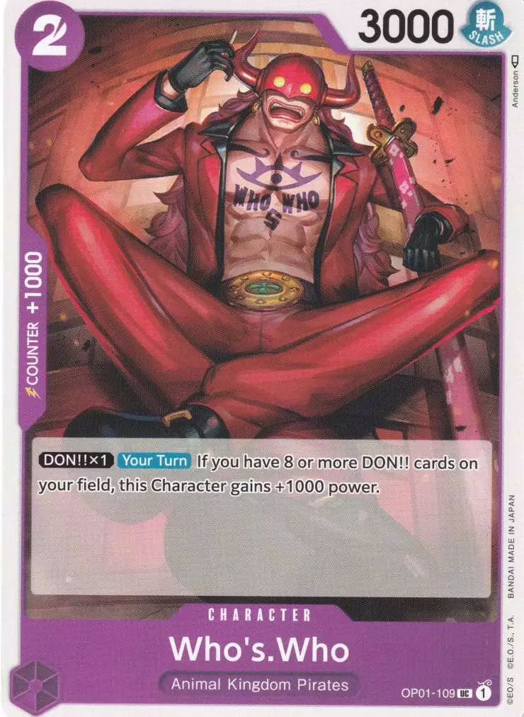 op01-109-who-s-who-uncommon-romance-dawn Who's.Who OP01-109 ist in Uncommon. Die One Piece Karte ist aus Romance Dawn in Normal Art.