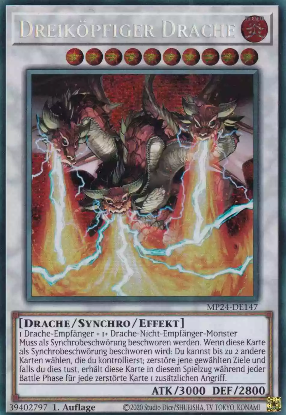 Dreiköpfiger Drache MP24-DE147 ist in Prismatic Secret Rare Yu-Gi-Oh Karte aus 25th Anniversary Tin Dueling Mirrors 1.Auflage