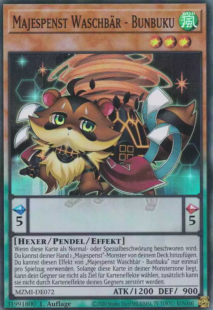 Majespenst Waschbär - Bunbuku MZMI-DE072 ist in Super Rare Yu-Gi-Oh Karte aus Maze of Millennia 1.Auflage