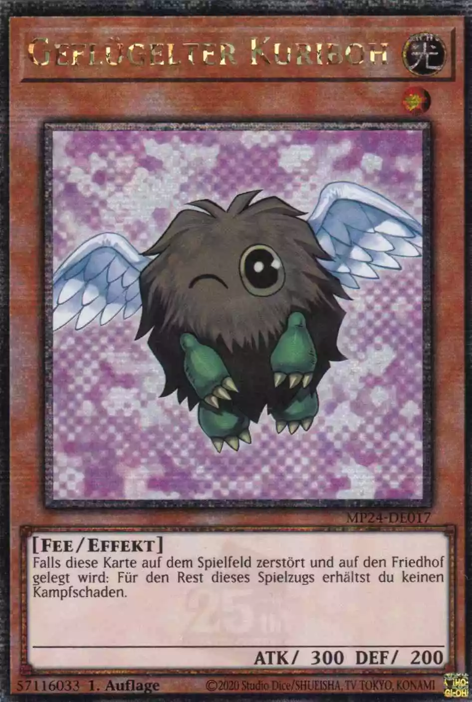 Geflügelter Kuriboh MP24-DE017 ist in Quarter Century Secret Rare Yu-Gi-Oh Karte aus 25th Anniversary Tin Dueling Mirrors 1.Auflage
