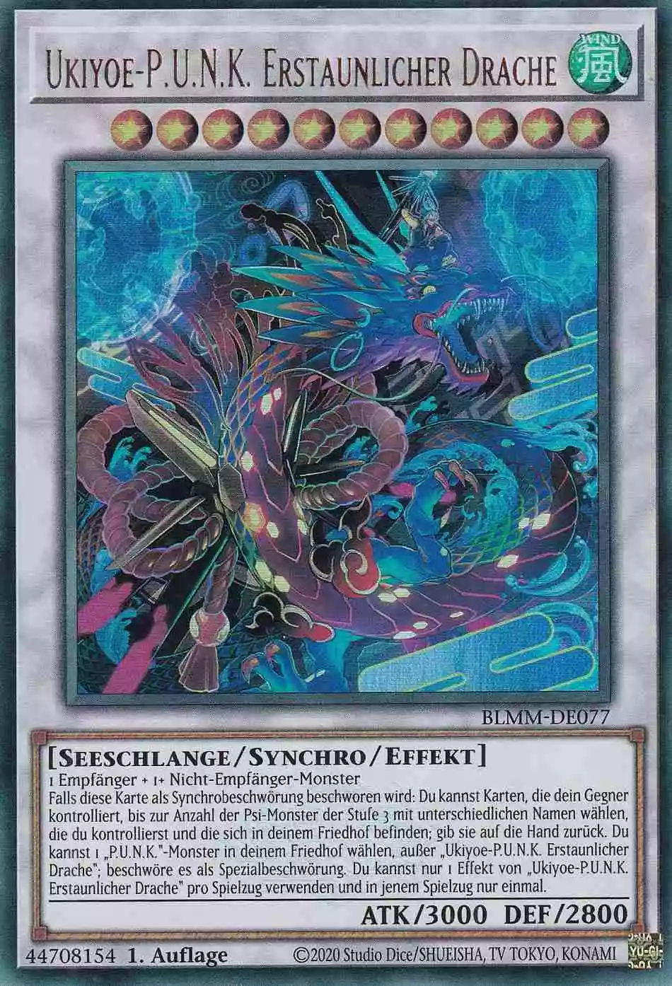 Ukiyoe-P.U.N.K. Erstaunlicher Drache Ultra Rare BLMM-DE077 Yugioh Karte Ukiyoe-P.U.N.K. Erstaunlicher Drache BLMM-DE077 ist in Ultra Rare Yu-Gi-Oh Karte aus Battles of Legend Monster Mayhem 1.Auflage