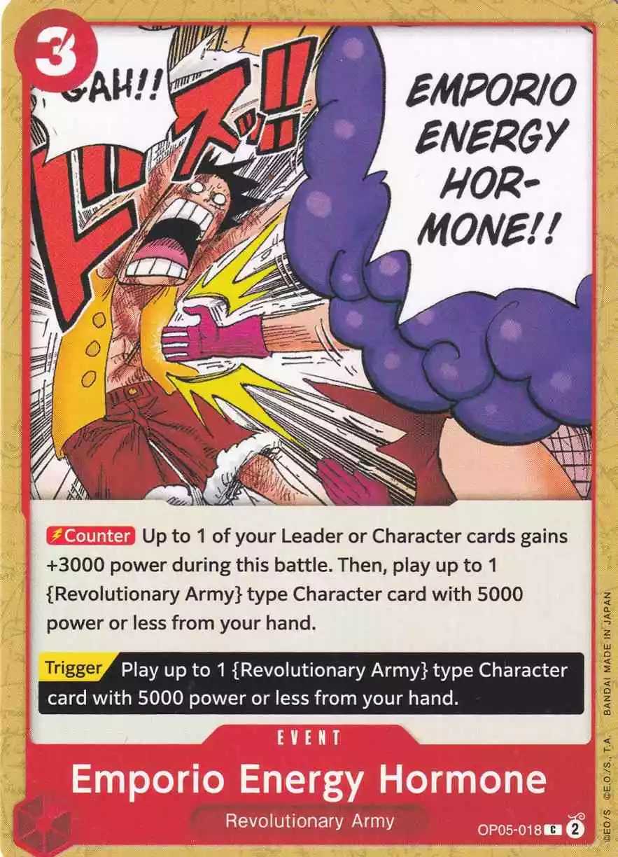 op05-018-emporio-energy-hormone-common-awakening-of-the-new-era Emporio Energy Hormone OP05-018 ist in Common. Die One Piece Karte ist aus Awakening of the New Era in Normal Art.
