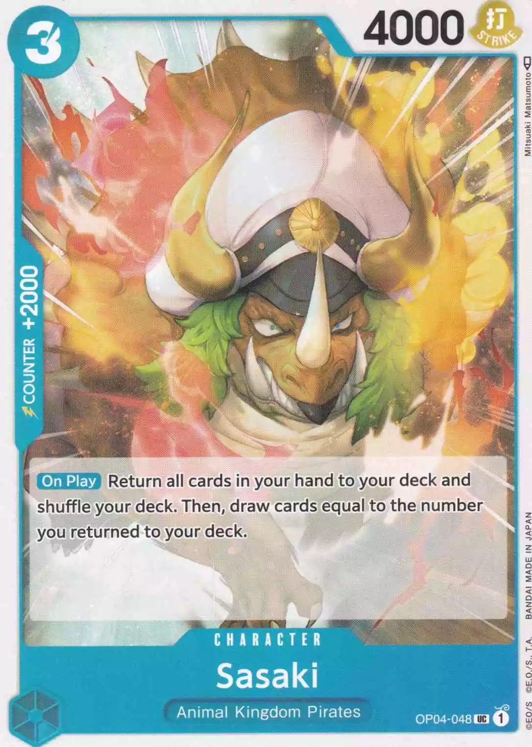 Sasaki OP04-048 ist in Uncommon. Die One Piece Karte ist aus Kingdoms Of Intrigue in Normal Art.
