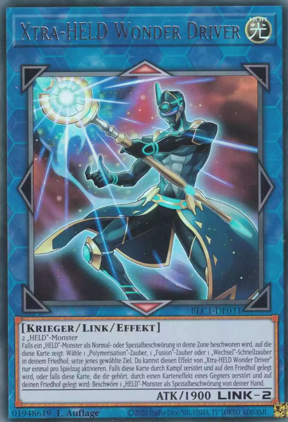Xtra-HELD Wonder Driver BLC1-DE031 ist in Silber Ultra Rare Yu-Gi-Oh Karte aus Battles of Legend Chapter 1 1.Auflage