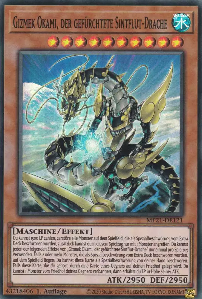 Gizmek Okami, der gefürchtete Sintflut-Drache MP21-DE121 ist in Super Rare Yu-Gi-Oh Karte aus Tin of Ancient Battles 1.Auflage