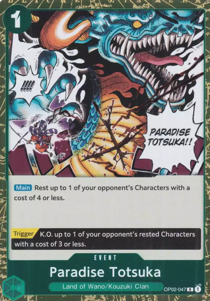 op02-047-paradise-totsuka-rare-paramount-war-op-02 Paradise Totsuka OP02-047 ist in Rare. Die One Piece Karte ist aus Paramount War OP-02 in Normal Art.