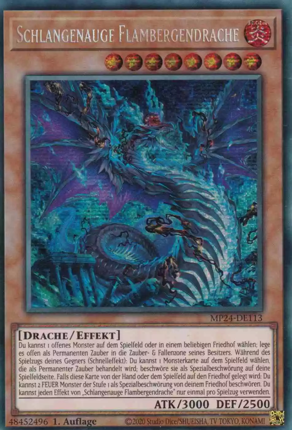 Schlangenauge Flambergendrache MP24-DE113 ist in Prismatic Secret Rare Yu-Gi-Oh Karte aus 25th Anniversary Tin Dueling Mirrors 1.Auflage