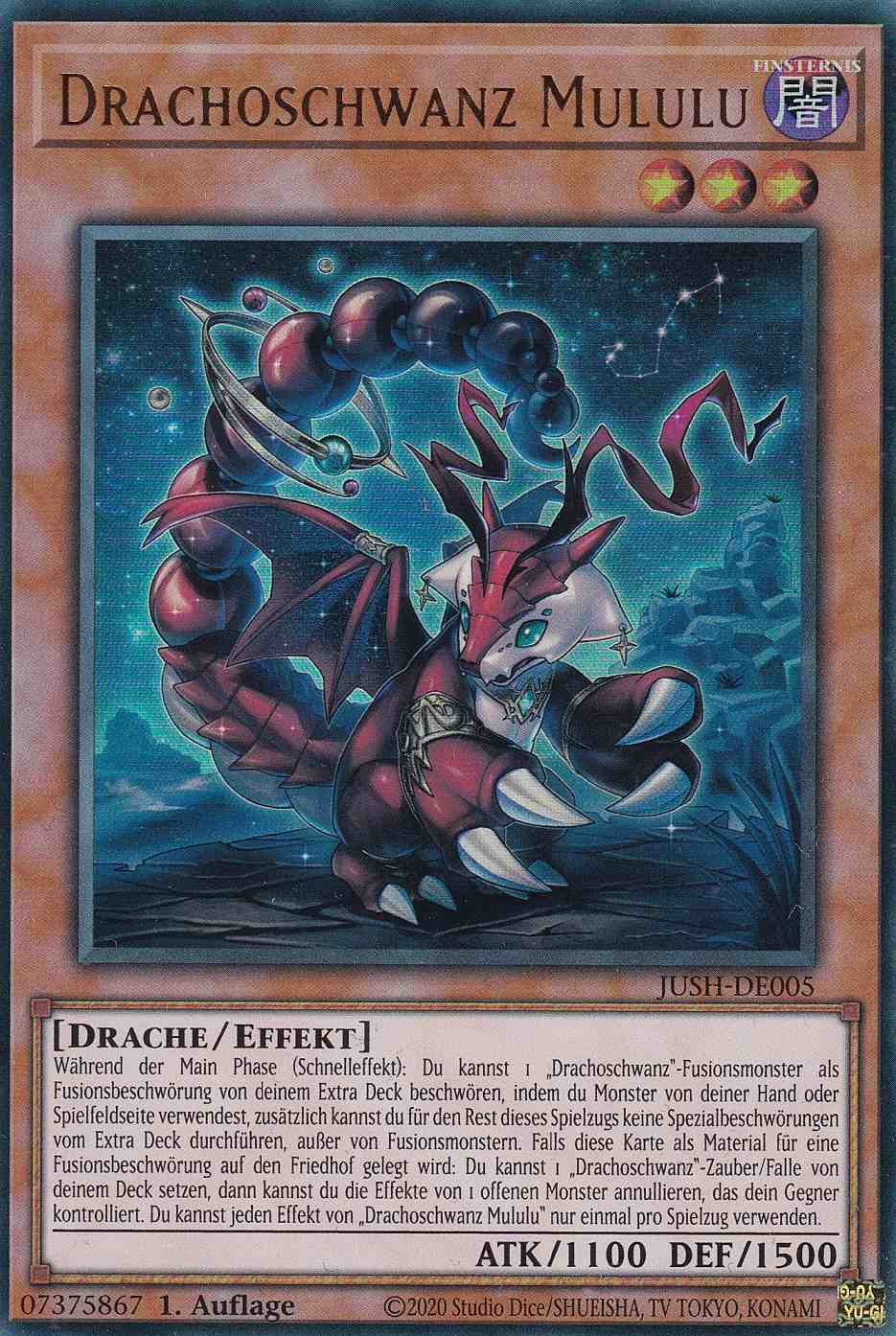 Drachoschwanz Mululu JUSH-DE005 ist in Ultra Rare Yu-Gi-Oh Karte aus Justice Hunters 1.Auflage