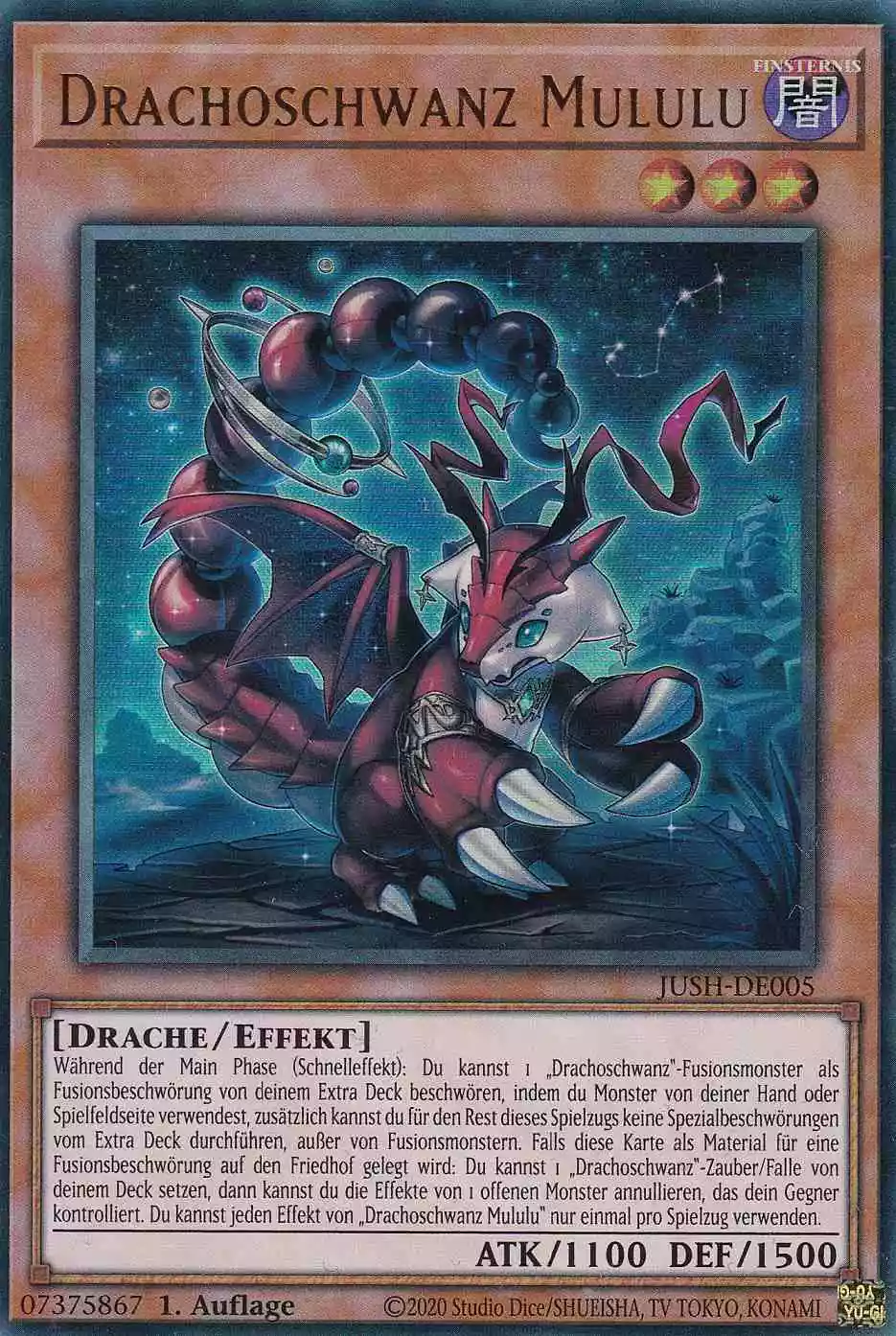 Drachoschwanz Mululu JUSH-DE005 ist in Ultra Rare Yu-Gi-Oh Karte aus Justice Hunters 1.Auflage