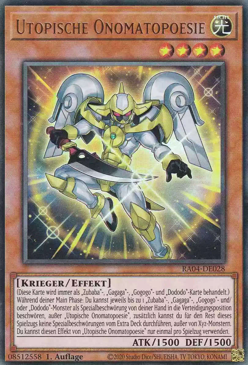 Utopische Onomatopoesie Ultra Rare RA04-DE028 Yugioh Karte Utopische Onomatopoesie RA04-DE028 ist in Ultra Rare Yu-Gi-Oh Karte aus Quarter Century Stampede 1.Auflage