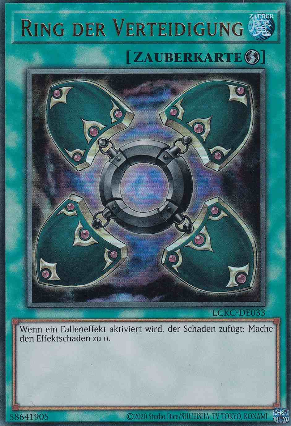 Ring der Verteidigung Ultra Rare LCKC-DE033 Yugioh Karte Ring der Verteidigung LCKC-DE033 ist in Ultra Rare Yu-Gi-Oh Karte aus Legendary Collection Kaiba unlimitiert
