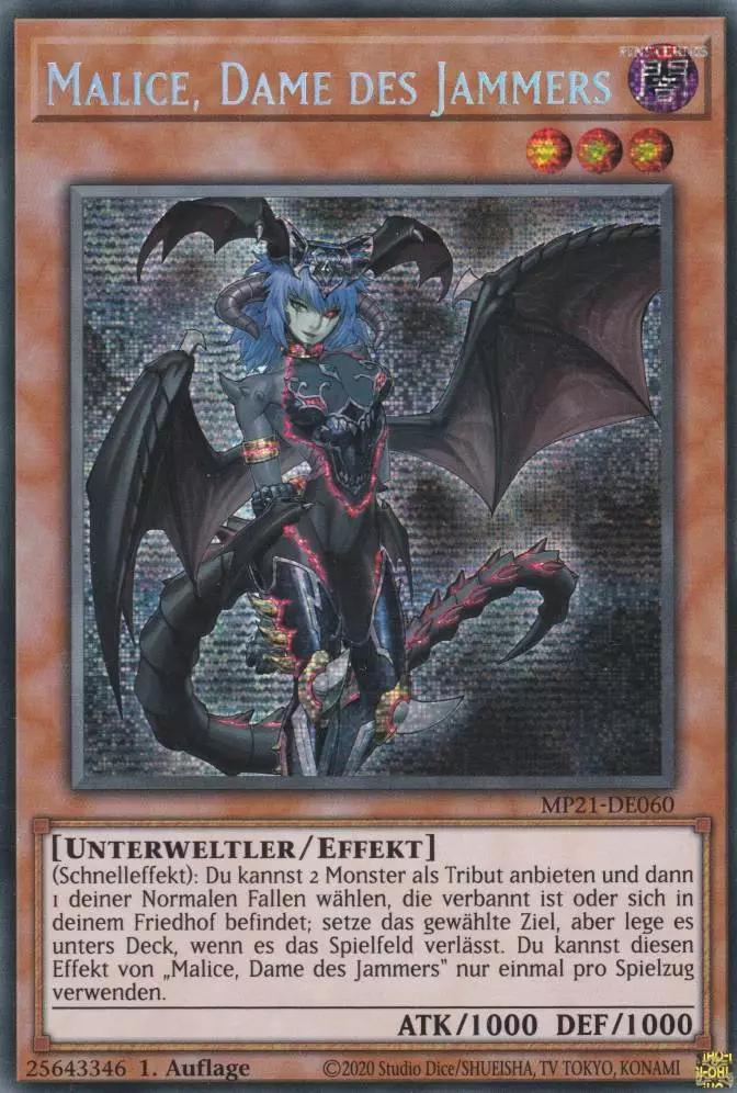 Malice, Dame des Jammers MP21-DE060 ist in Prismatic Secret Rare Yu-Gi-Oh Karte aus Tin of Ancient Battles 1.Auflage