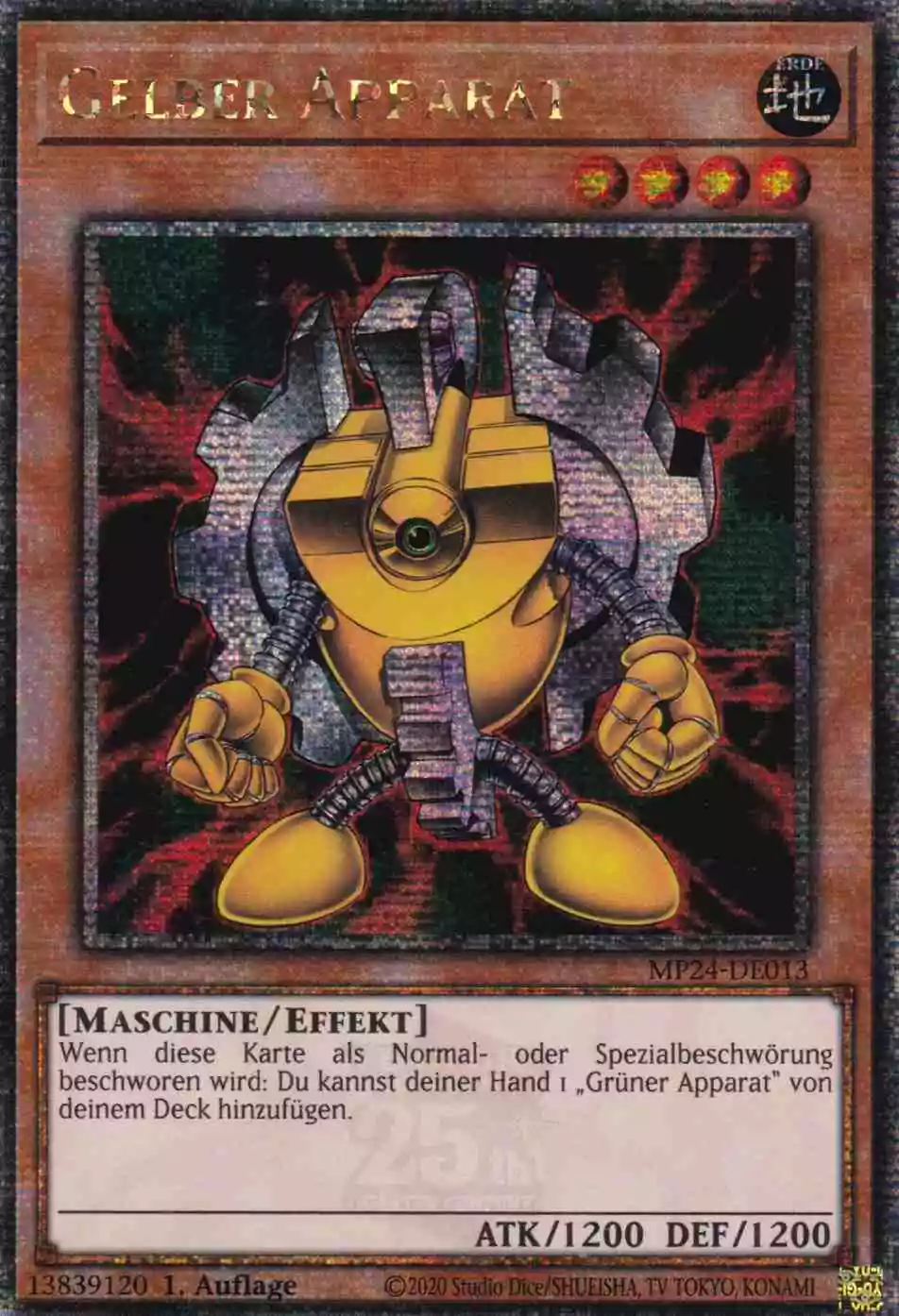 Gelber Apparat Quarter Century Secret Rare MP24-DE013 Yugioh Karte Gelber Apparat MP24-DE013 ist in Quarter Century Secret Rare Yu-Gi-Oh Karte aus 25th Anniversary Tin Dueling Mirrors 1.Auflage