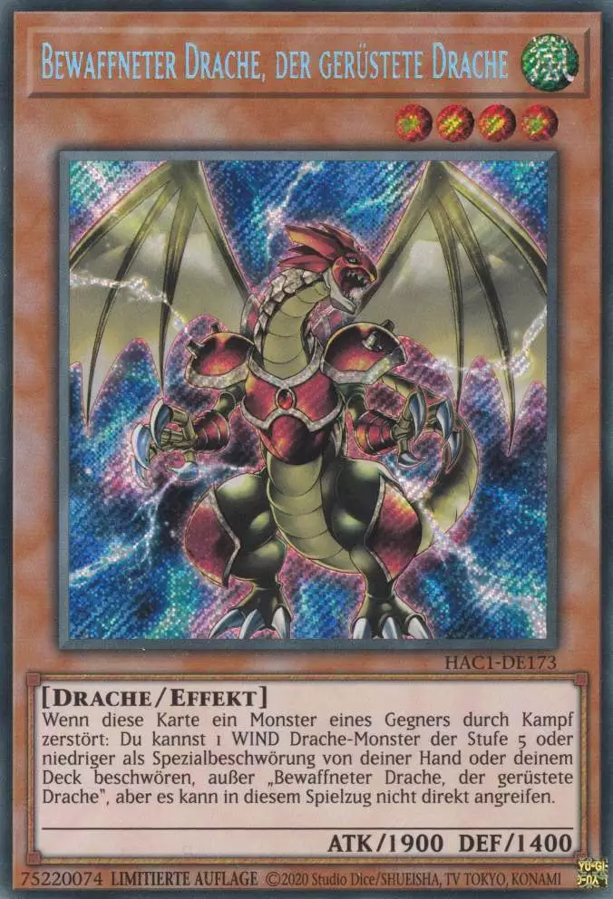 Bewaffneter Drache, der gerüstete Drache HAC1-DE173 ist in Secret Rare Yu-Gi-Oh Karte aus Hidden Arsenal Chapter 1 1.Auflage