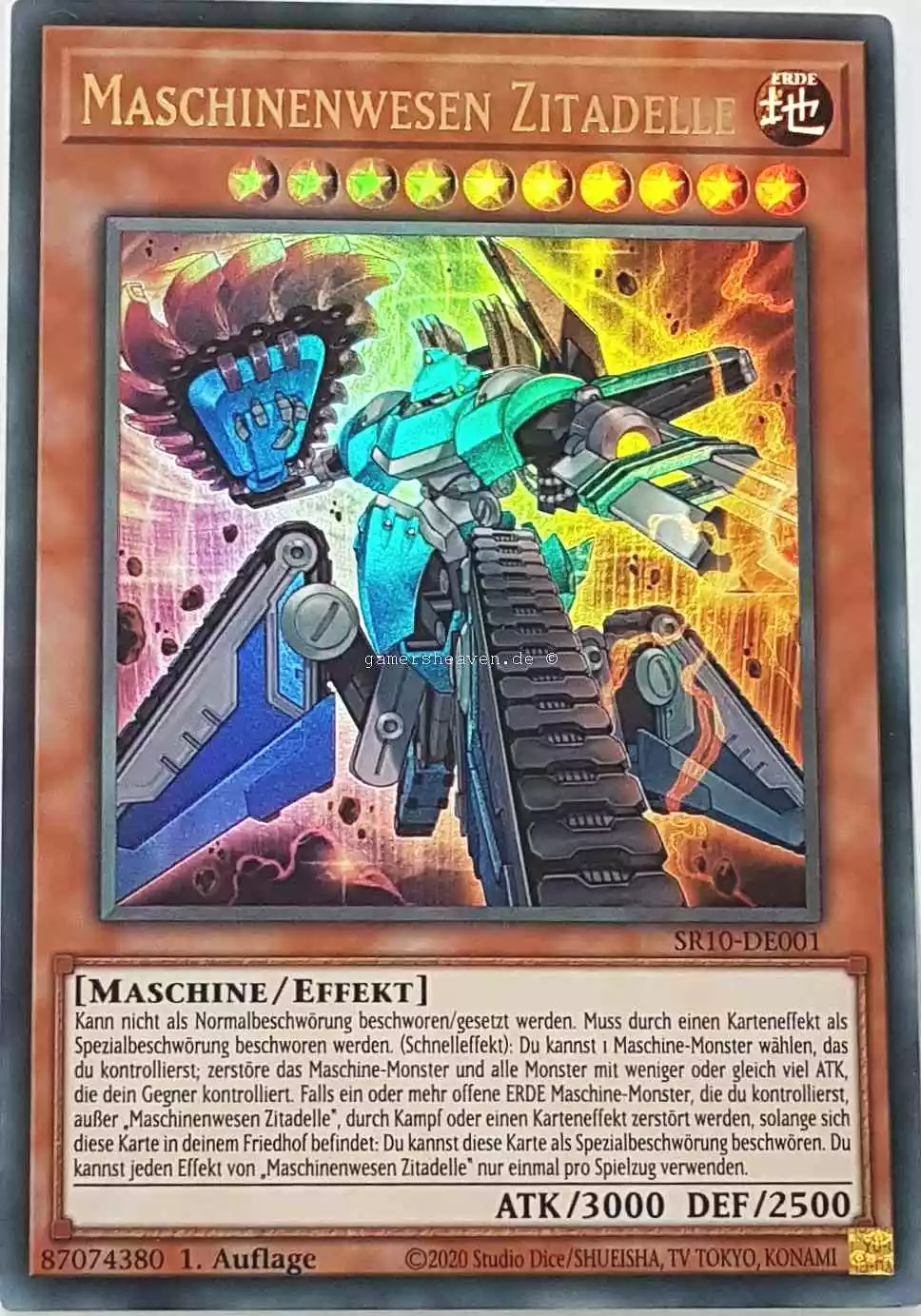 Maschinenwesen Zitadelle SR10-DE001 ist in Ultra Rare Yu-Gi-Oh Karte aus Structure Deck: Mechanized Madness 1.Auflage