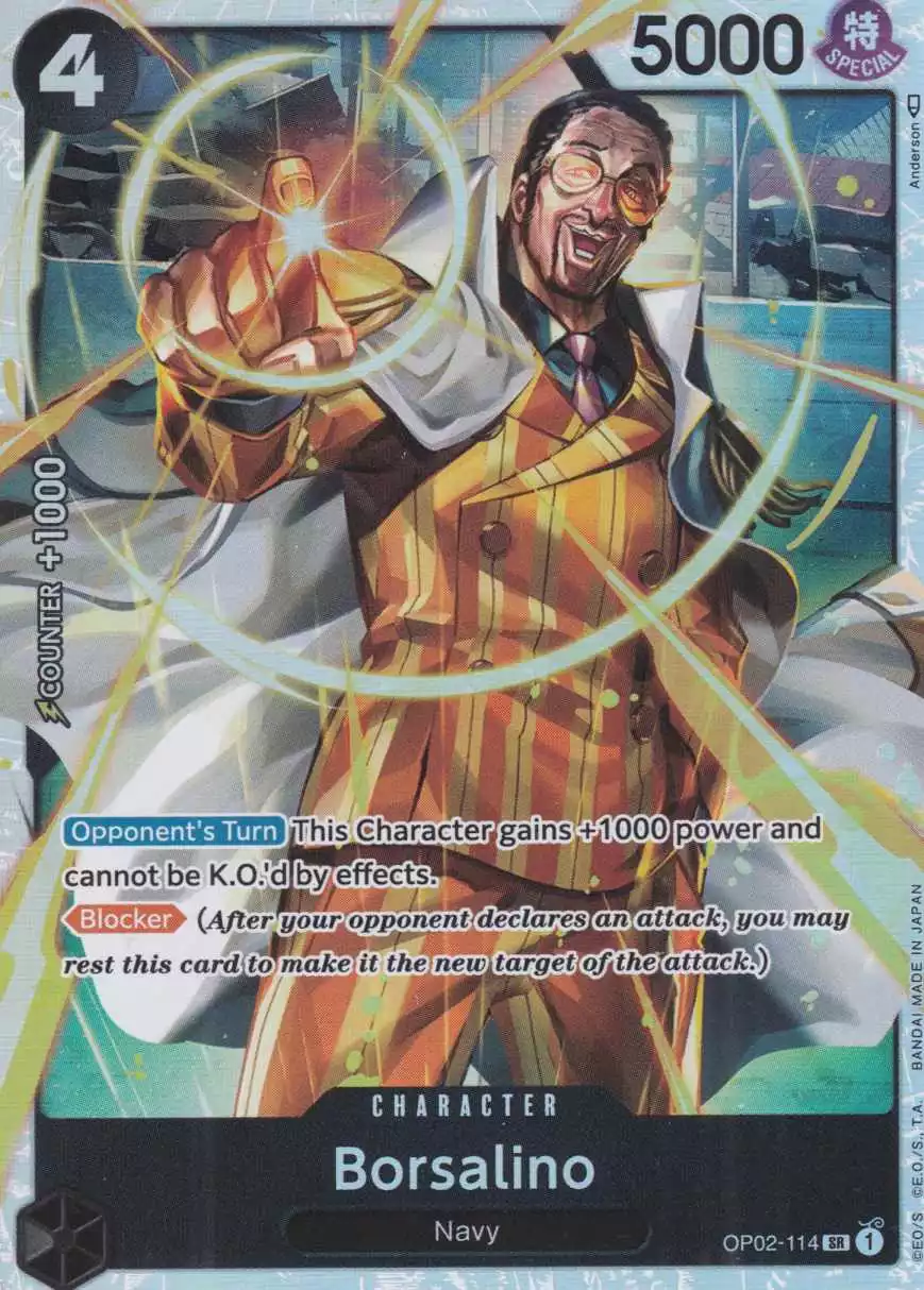 Borsalino OP02-114 ist in Super Rare. Die One Piece Karte ist aus Paramount War OP-02 in Normal Art.